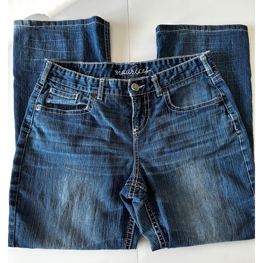 Maurices Curvy Bootcut Jeans Womens 9/10 Short Medium Wash Contrast Stitch Blue
